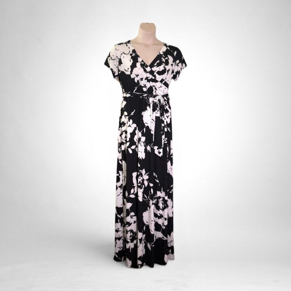 EMERALD Black & White Floral Print Wrap Maxi Knit Dress, NWOT! Size 1X
